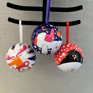 Set Of 3 Metal Ball Ornaments Fillable 2.5” Purple Orange Deer Sheep Penguin